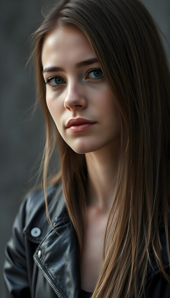 an adult girl, best quality, masterpiece, ultra high resolution, photo realistic, detailed skin, (black short open aviator leather jacket), ((grey background)), long straight brown hair