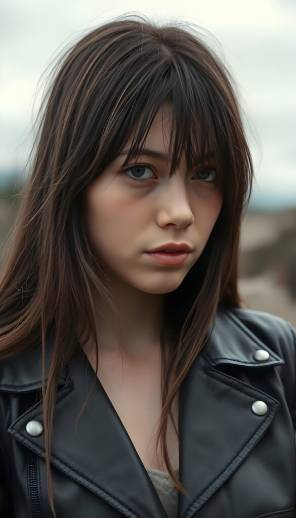 an adult girl, best quality, masterpiece, ultra high resolution, photo realistic, detailed skin, (black short open aviator leather jacket), ((grey background)), long straight brown hair