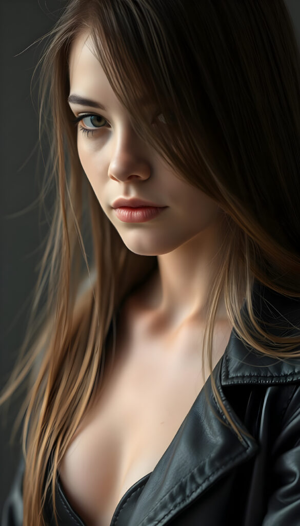 an adult girl, best quality, masterpiece, ultra high resolution, photo realistic, detailed skin, (black short open aviator leather jacket), ((grey background)), long straight brown hair