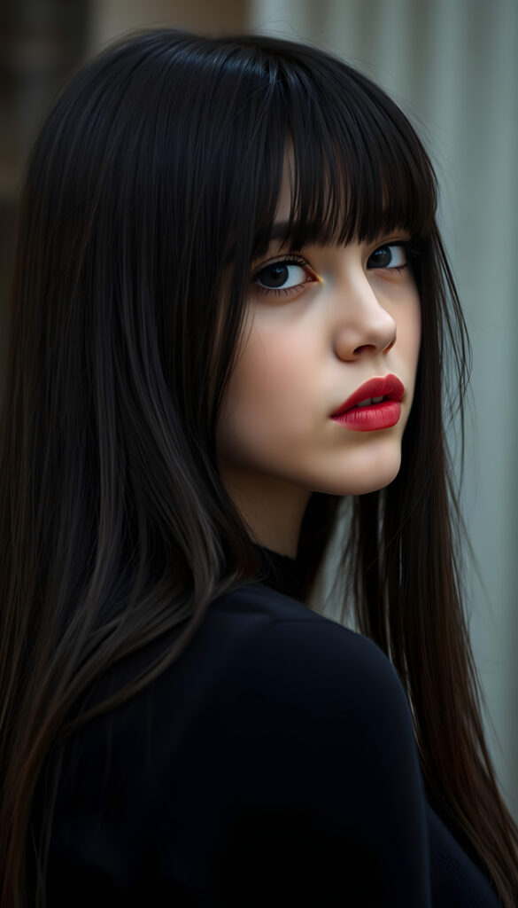 ((close up portrait)) a young cute teen girl with long, straight and shiny jet black hair, ((full plump red lips)), wears a ((black sweater made of wool)), looks seductively at the viewer, she has a perfect fit curved body, side view