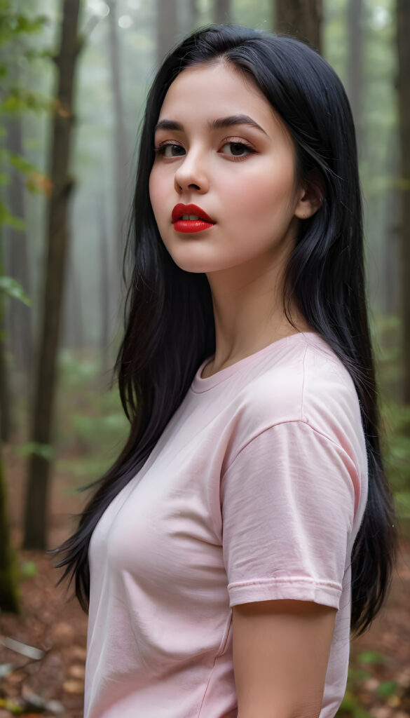 ((close up portrait)) a young cute busty teen girl with long, straight and shiny jet black hair, ((full plump red lips)), wears a ((light pink fine t-shirt made of fine wool)), looks seductively at the viewer. In the background a misty, gloomy forest with faint moonlight, she has a perfect fit curved body, ((side view))