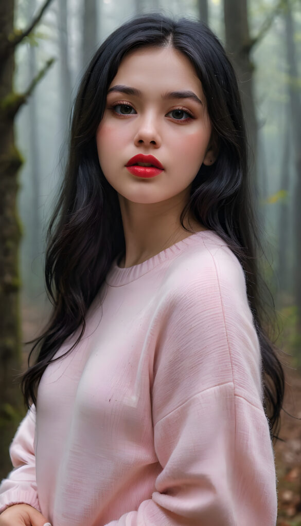 ((close up portrait)) a young cute busty teen girl with long, straight and shiny jet black hair, ((full plump red lips)), wears a ((light pink fine sweater made of fine wool)), looks seductively at the viewer. In the background a misty, gloomy forest with faint moonlight, she has a perfect fit curved body, ((side view))
