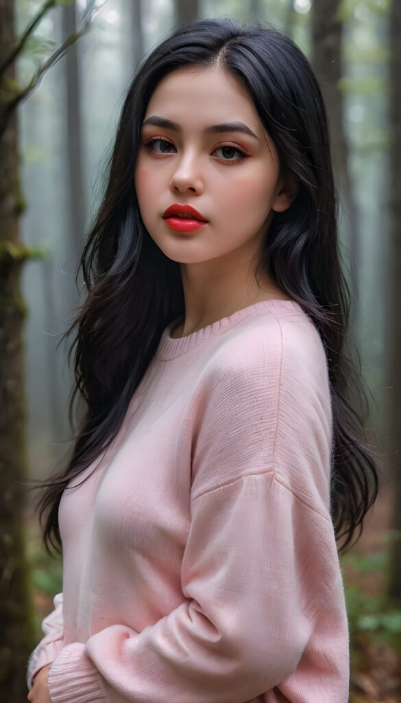 ((close up portrait)) a young cute busty teen girl with long, straight and shiny jet black hair, ((full plump red lips)), wears a ((light pink fine sweater made of fine wool)), looks seductively at the viewer. In the background a misty, gloomy forest with faint moonlight, she has a perfect fit curved body, ((side view))