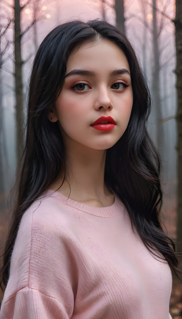 ((close up portrait)) a young cute busty teen girl with long, straight and shiny jet black hair, ((full plump red lips)), wears a ((light pink fine sweater made of fine wool)), looks seductively at the viewer. In the background a misty, gloomy forest with faint moonlight, she has a perfect fit curved body, ((side view))