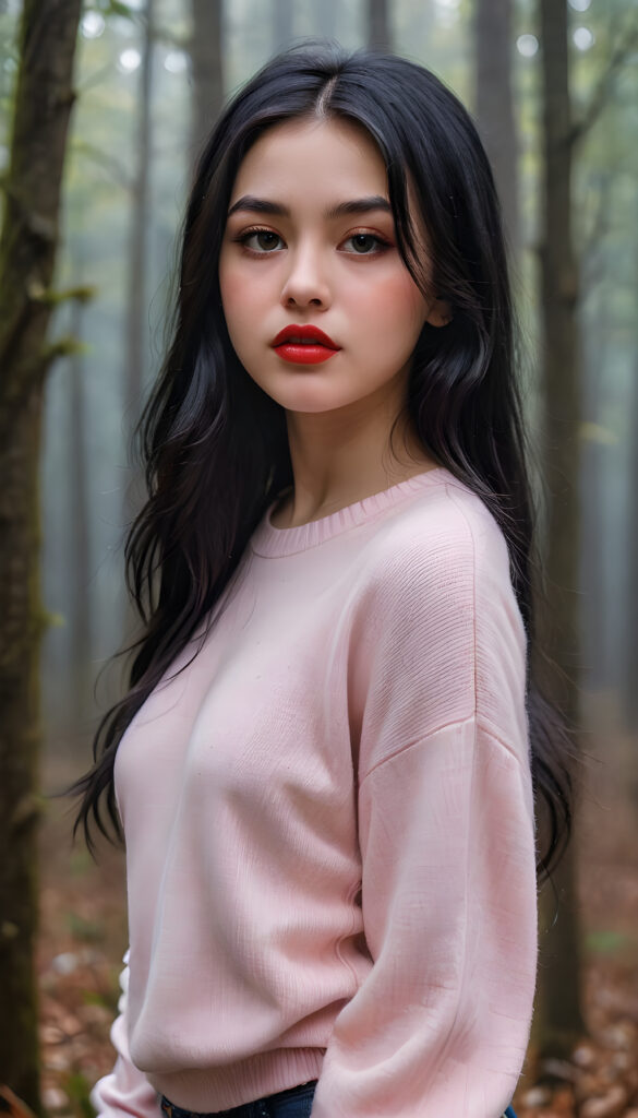 ((close up portrait)) a young cute busty teen girl with long, straight and shiny jet black hair, ((full plump red lips)), wears a ((light pink fine sweater made of fine wool)), looks seductively at the viewer. In the background a misty, gloomy forest with faint moonlight, she has a perfect fit curved body, ((side view))