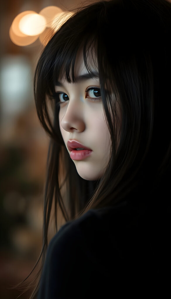((close up portrait)) a young cute teen girl with long, straight and shiny jet black hair, ((full plump red lips)), wears a ((black sweater made of wool)), looks seductively at the viewer, she has a perfect fit curved body, side view