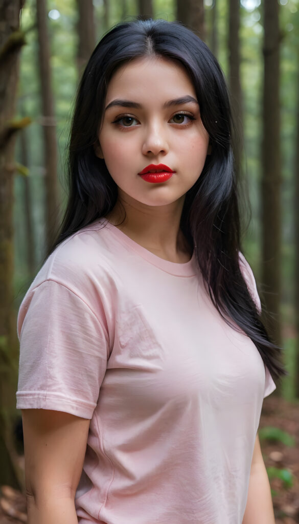 ((close up portrait)) a young cute busty teen girl with long, straight and shiny jet black hair, ((full plump red lips)), wears a ((light pink fine t-shirt made of fine wool)), looks seductively at the viewer. In the background a misty, gloomy forest with faint moonlight, she has a perfect fit curved body, ((side view))
