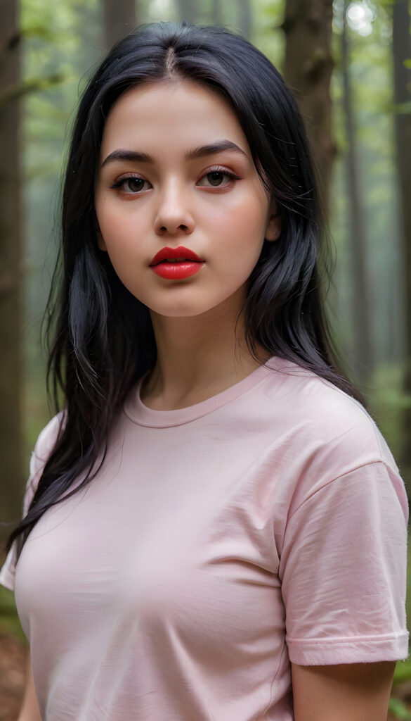 ((close up portrait)) a young cute busty teen girl with long, straight and shiny jet black hair, ((full plump red lips)), wears a ((light pink fine t-shirt made of fine wool)), looks seductively at the viewer. In the background a misty, gloomy forest with faint moonlight, she has a perfect fit curved body, ((side view))
