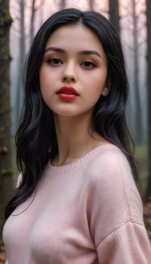 ((close up portrait)) a young cute busty teen girl with long, straight and shiny jet black hair, ((full plump red lips)), wears a ((light pink fine sweater made of fine wool)), looks seductively at the viewer. In the background a misty, gloomy forest with faint moonlight, she has a perfect fit curved body, ((side view))