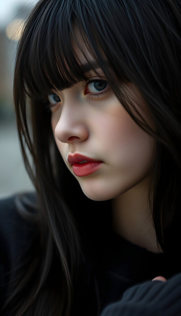 ((close up portrait)) a young cute teen girl with long, straight and shiny jet black hair, ((full plump red lips)), wears a ((black sweater made of wool)), looks seductively at the viewer, she has a perfect fit curved body, side view