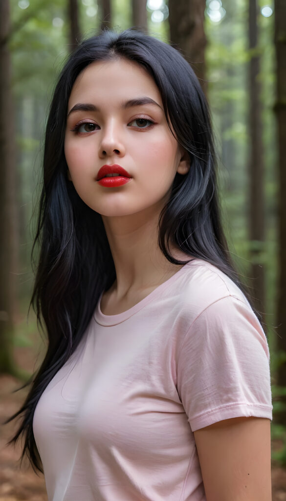 ((close up portrait)) a young cute busty teen girl with long, straight and shiny jet black hair, ((full plump red lips)), wears a ((light pink fine t-shirt made of fine wool)), looks seductively at the viewer. In the background a misty, gloomy forest with faint moonlight, she has a perfect fit curved body, ((side view))
