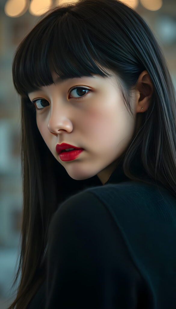 ((close up portrait)) a young cute teen girl with long, straight and shiny jet black hair, ((full plump red lips)), wears a ((black sweater made of wool)), looks seductively at the viewer, she has a perfect fit curved body, side view