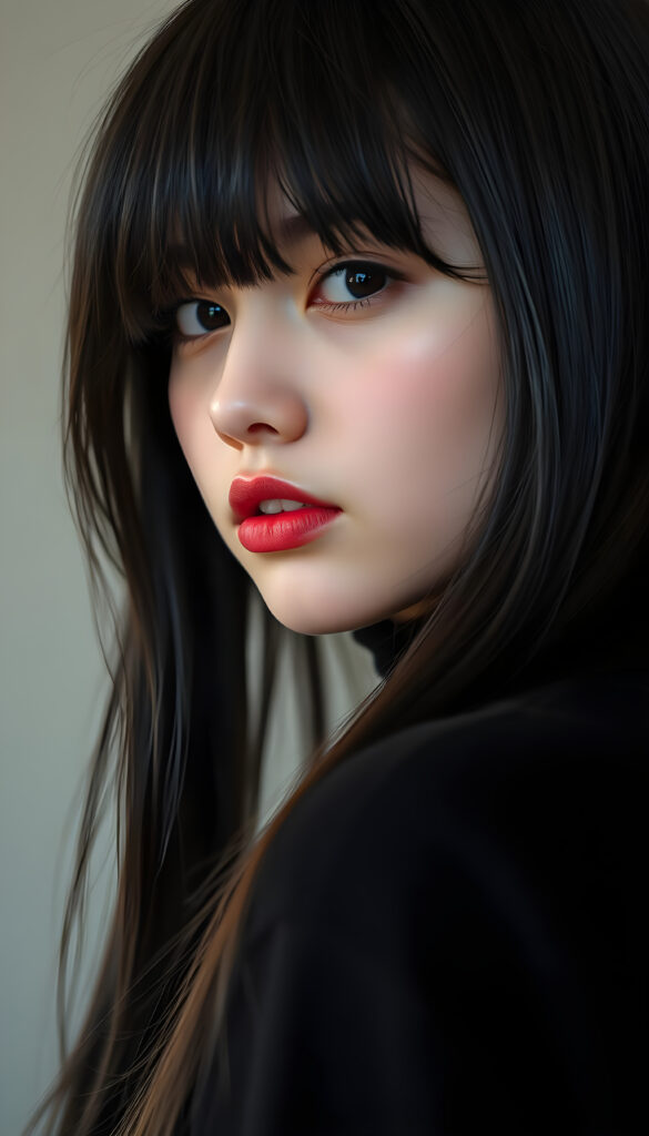 ((close up portrait)) a young cute teen girl with long, straight and shiny jet black hair, ((full plump red lips)), wears a ((black sweater made of wool)), looks seductively at the viewer, she has a perfect fit curved body, side view