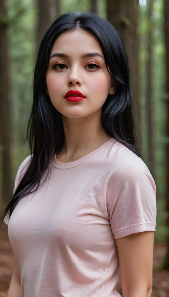 ((close up portrait)) a young cute busty teen girl with long, straight and shiny jet black hair, ((full plump red lips)), wears a ((light pink fine t-shirt made of fine wool)), looks seductively at the viewer. In the background a misty, gloomy forest with faint moonlight, she has a perfect fit curved body, ((side view))