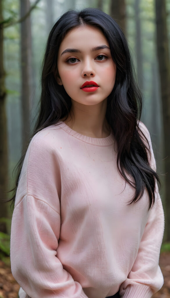 ((close up portrait)) a young cute busty teen girl with long, straight and shiny jet black hair, ((full plump red lips)), wears a ((light pink fine sweater made of fine wool)), looks seductively at the viewer. In the background a misty, gloomy forest with faint moonlight, she has a perfect fit curved body, ((side view))