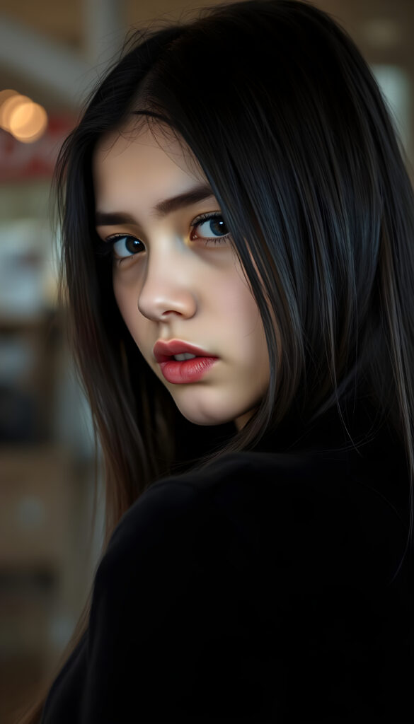 ((close up portrait)) a young cute teen girl with long, straight and shiny jet black hair, ((full plump red lips)), wears a ((black sweater made of wool)), looks seductively at the viewer, she has a perfect fit curved body, side view