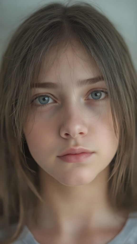 close-up portrait, a cute innocent nerd teen girl, detailed straight soft hair, perfect curved body, ((stunning)) ((gorgeous)) ((realistic, detailed)) ((empty background)) ((cinemaic lights))