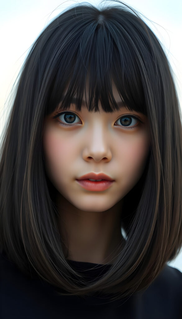 close up portrait photo from a breathtakingly stunning Korean girl with shoulder long, sleek black hair and brown nightlights in a stylish blowout, bangs, same length, perfect bob cut