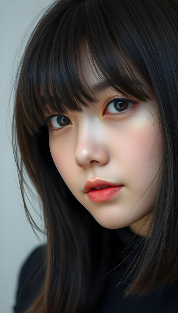 close up portrait photo from a breathtakingly stunning Korean girl with shoulder long, sleek black hair and brown nightlights in a stylish blowout, bangs, same length, perfect bob cut