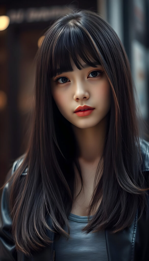 close up portrait photo from a breathtakingly stunning Korean girl with very long, sleek black hair and brown highlights in a stylish blowout, bangs, same length, perfect bob cut, black leather jacket, underwear a grey t-shirt, perfect female body