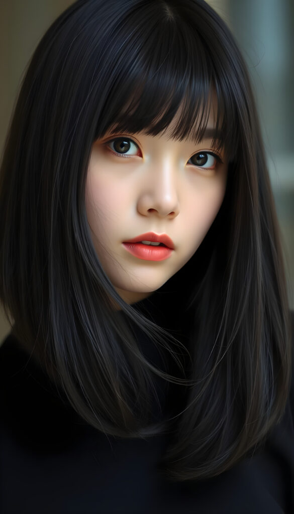 close up portrait photo from a breathtakingly stunning Korean girl with shoulder long, sleek black hair and brown nightlights in a stylish blowout, bangs, same length, perfect bob cut