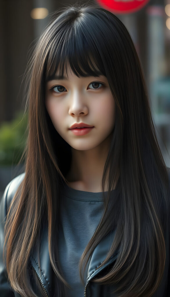 close up portrait photo from a breathtakingly stunning Korean girl with very long, sleek black hair and brown highlights in a stylish blowout, bangs, same length, perfect bob cut, black leather jacket, underwear a grey t-shirt, perfect female body