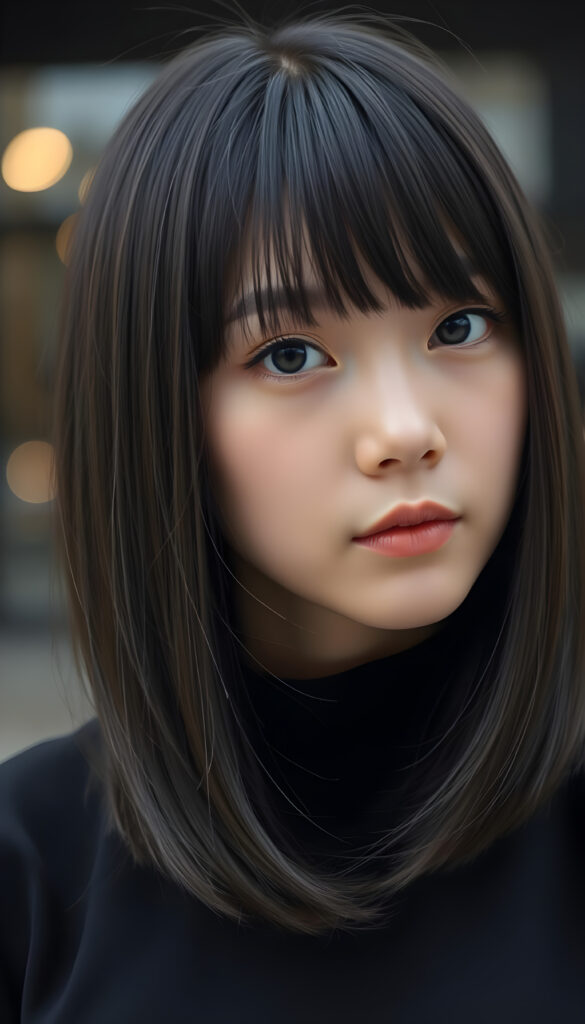 close up portrait photo from a breathtakingly stunning Korean girl with shoulder long, sleek black hair and brown nightlights in a stylish blowout, bangs, same length, perfect bob cut