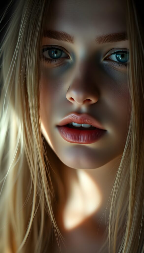 close up portrait from a beautiful young teenage girl, she has full lips and her mouth is slightly open ready to kiss, white teeth, she has (((detailed straight long hair))) (her hair falls on her shoulders), and (realistic light blue eyes), ((angelic face)), black background, perfect shadows, weak light falls into the picture from the side, perfect curved body, she looks seductively at the viewer, flawless skin, ((side view)) ((ultra realistic photo)) ((stunning)) ((gorgeous)) ((4k))