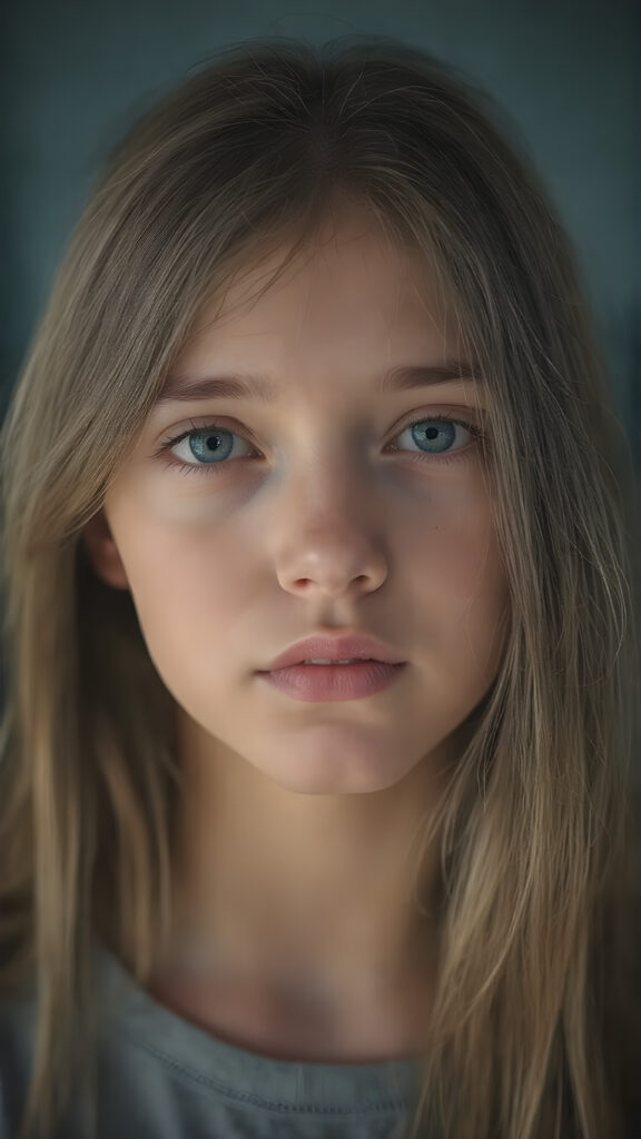 close-up portrait, a cute innocent nerd teen girl, detailed straight soft hair, perfect curved body, ((stunning)) ((gorgeous)) ((realistic, detailed)) ((empty background)) ((cinemaic lights))