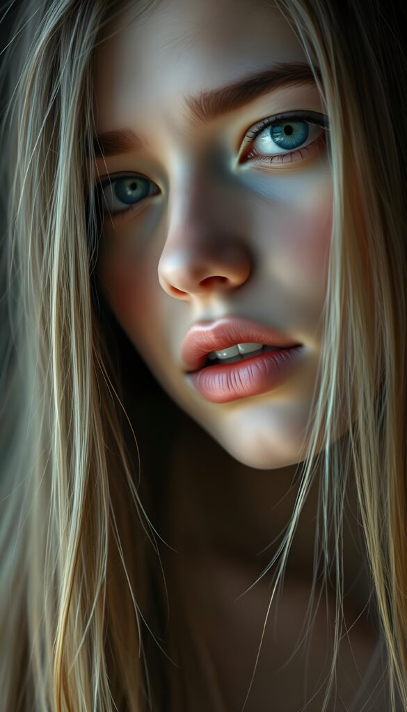close up portrait from a beautiful young teenage girl, she has full lips and her mouth is slightly open ready to kiss, white teeth, she has (((detailed straight long hair))) (her hair falls on her shoulders), and (realistic light blue eyes), ((angelic face)), black background, perfect shadows, weak light falls into the picture from the side, perfect curved body, she looks seductively at the viewer, flawless skin, ((side view)) ((ultra realistic photo)) ((stunning)) ((gorgeous)) ((4k))