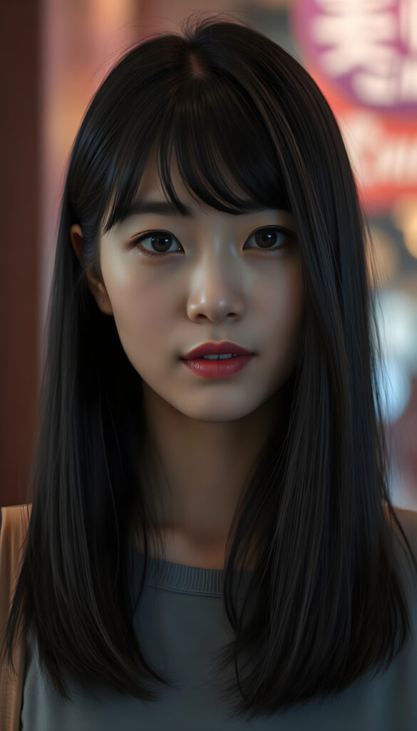 close up portrait photo from a breathtakingly stunning Korean girl with shoulder long, sleek black hair and brown nightlights in a stylish blowout, bangs, same length, perfect bob cut