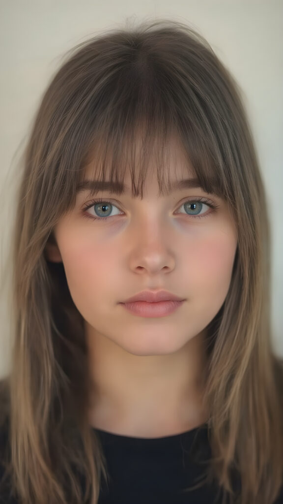 close-up portrait, a cute innocent nerd teen girl, detailed straight soft hair, perfect curved body, ((stunning)) ((gorgeous)) ((realistic, detailed)) ((empty background)) ((cinemaic lights))