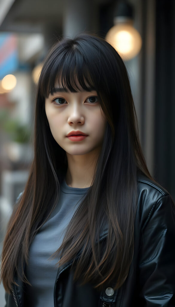 close up portrait photo from a breathtakingly stunning Korean girl with very long, sleek black hair and brown highlights in a stylish blowout, bangs, same length, perfect bob cut, black leather jacket, underwear a grey t-shirt, perfect female body