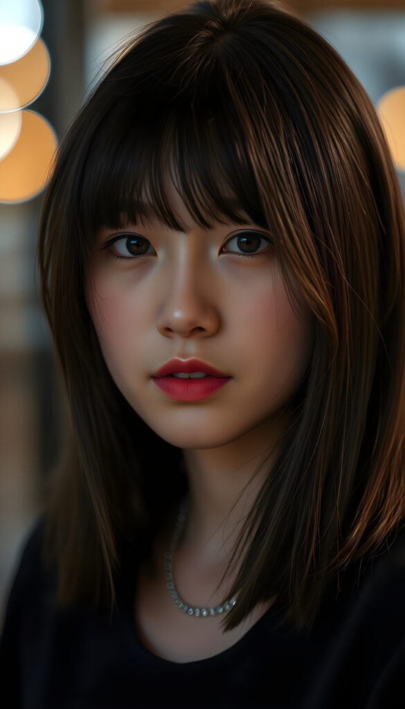 close up portrait photo from a breathtakingly stunning Korean girl with shoulder long, sleek black hair and brown nightlights in a stylish blowout, bangs, same length, perfect bob cut