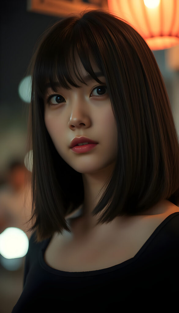 close up portrait photo from a breathtakingly stunning Korean girl with shoulder long, sleek black hair and brown nightlights in a stylish blowout, bangs, same length, perfect bob cut