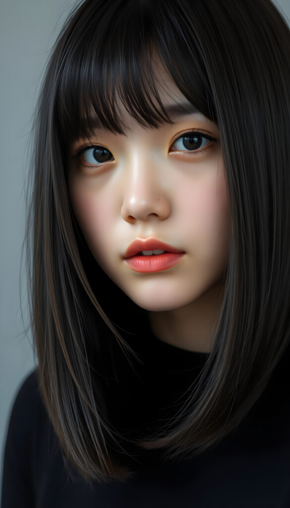 close up portrait photo from a breathtakingly stunning Korean girl with shoulder long, sleek black hair and brown nightlights in a stylish blowout, bangs, same length, perfect bob cut