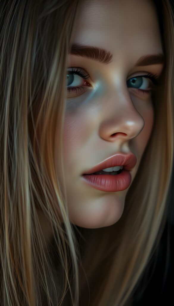 close up portrait from a beautiful young teenage girl, she has full lips and her mouth is slightly open ready to kiss, white teeth, she has (((detailed straight long hair))) (her hair falls on her shoulders), and (realistic light blue eyes), ((angelic face)), black background, perfect shadows, weak light falls into the picture from the side, perfect curved body, she looks seductively at the viewer, flawless skin, ((side view)) ((ultra realistic photo)) ((stunning)) ((gorgeous)) ((4k))