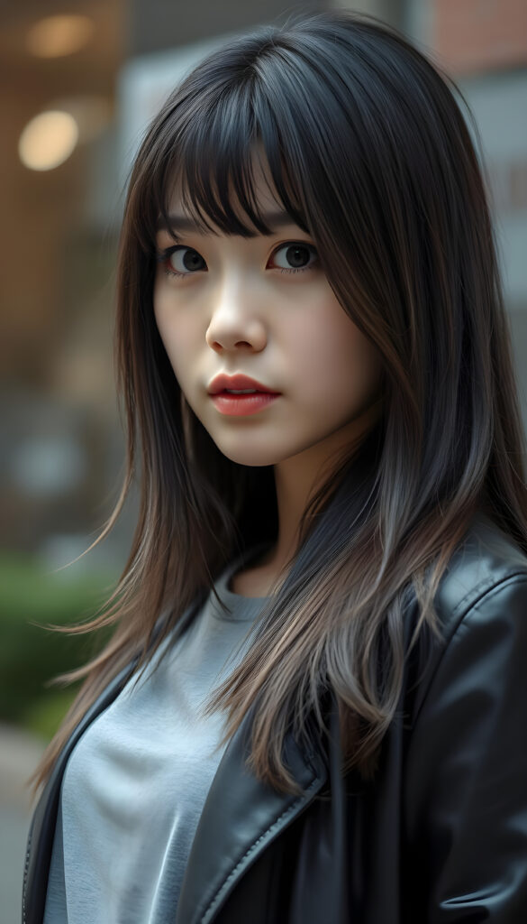 close up portrait photo from a breathtakingly stunning Korean girl with very long, sleek black hair and brown highlights in a stylish blowout, bangs, same length, perfect bob cut, black leather jacket, underwear a grey t-shirt, perfect female body