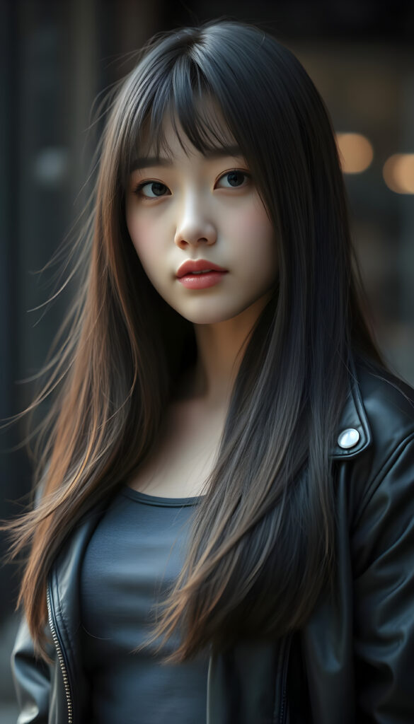close up portrait photo from a breathtakingly stunning Korean girl with very long, sleek black hair and brown highlights in a stylish blowout, bangs, same length, perfect bob cut, black leather jacket, underwear a grey t-shirt, perfect female body