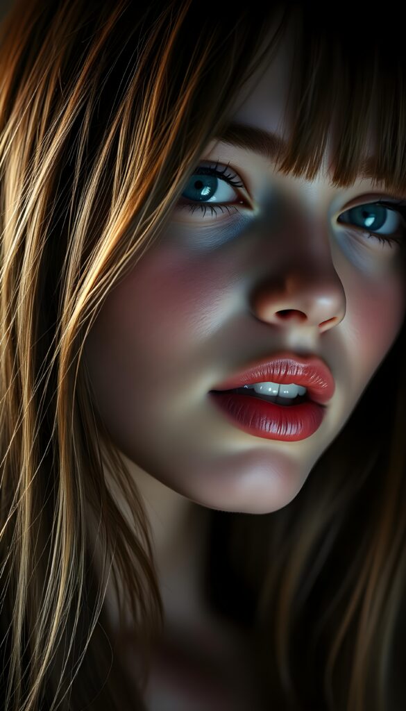close up portrait from a beautiful young teenage girl, she has full lips and her mouth is slightly open ready to kiss, white teeth, she has (((detailed straight long hair))) (her hair falls on her shoulders), and (realistic light blue eyes), ((angelic face)), black background, perfect shadows, weak light falls into the picture from the side, perfect curved body, she looks seductively at the viewer, flawless skin, ((side view)) ((ultra realistic photo)) ((stunning)) ((gorgeous)) ((4k))