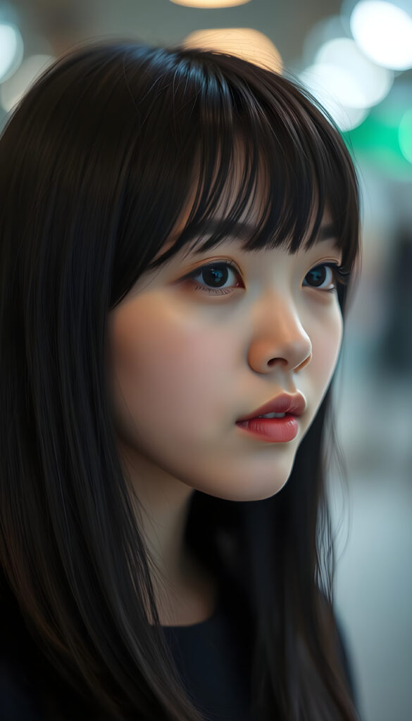 close up portrait photo from a breathtakingly stunning Korean girl with shoulder long, sleek black hair and brown nightlights in a stylish blowout, bangs, same length, perfect bob cut