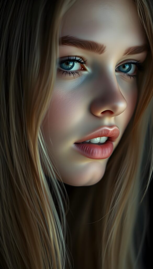 close up portrait from a beautiful young teenage girl, she has full lips and her mouth is slightly open ready to kiss, white teeth, she has (((detailed straight long hair))) (her hair falls on her shoulders), and (realistic light blue eyes), ((angelic face)), black background, perfect shadows, weak light falls into the picture from the side, perfect curved body, she looks seductively at the viewer, flawless skin, ((side view)) ((ultra realistic photo)) ((stunning)) ((gorgeous)) ((4k))