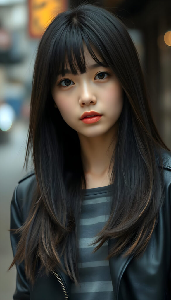 close up portrait photo from a breathtakingly stunning Korean girl with very long, sleek black hair and brown highlights in a stylish blowout, bangs, same length, perfect bob cut, black leather jacket, underwear a grey t-shirt, perfect female body