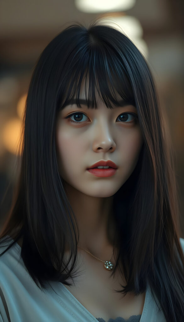 close up portrait photo from a breathtakingly stunning Korean girl with shoulder long, sleek black hair and brown nightlights in a stylish blowout, bangs, same length, perfect bob cut