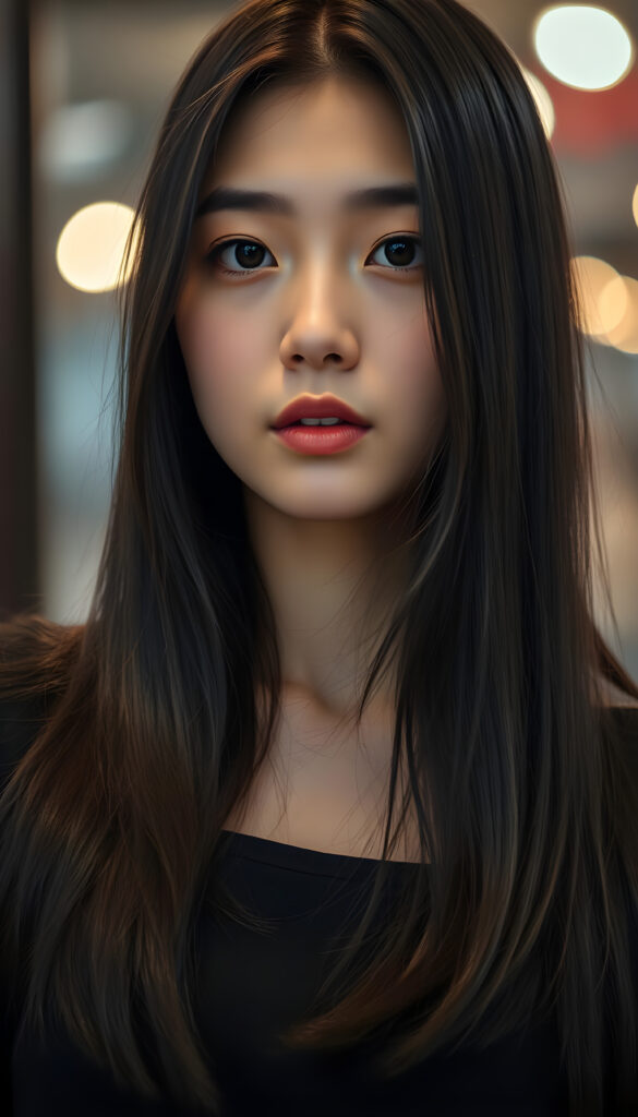 close up portrait photo from a breathtakingly stunning Korean girl with shoulder long, sleek black hair and brown nightlights in a stylish blowout, bangs, same length, perfect bob cut