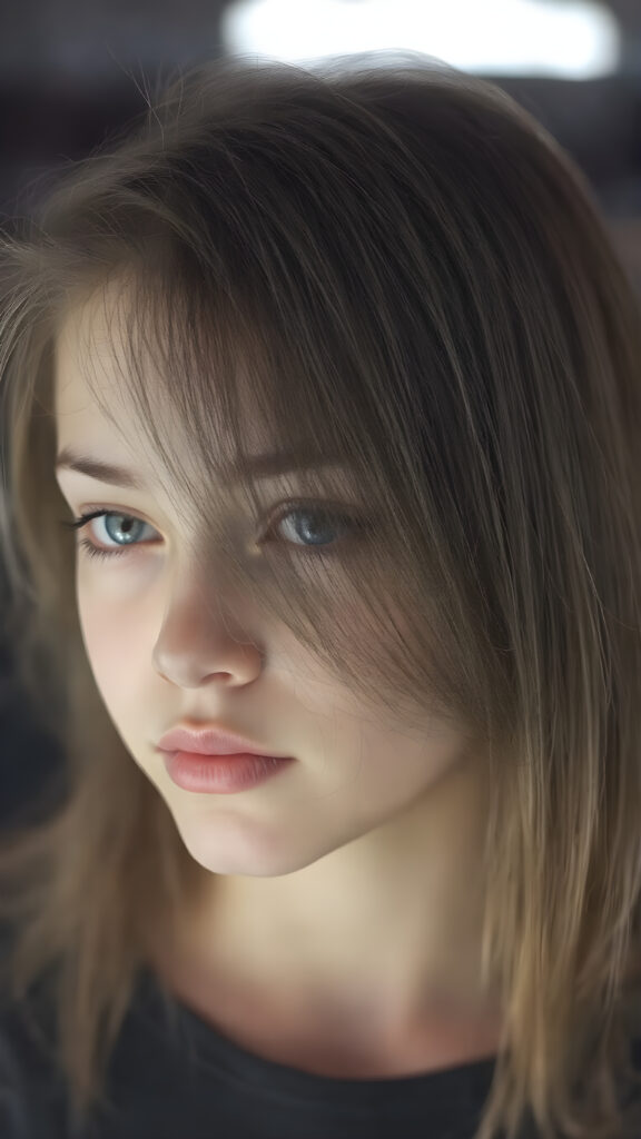 close-up portrait, a cute innocent nerd teen girl, detailed straight soft hair, perfect curved body, ((stunning)) ((gorgeous)) ((realistic, detailed)) ((empty background)) ((cinemaic lights))