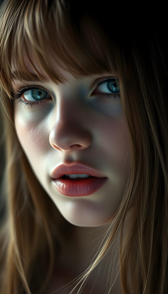 close up portrait from a beautiful young teenage girl, she has full lips and her mouth is slightly open ready to kiss, white teeth, she has (((detailed straight long hair))) (her hair falls on her shoulders), and (realistic light blue eyes), ((angelic face)), black background, perfect shadows, weak light falls into the picture from the side, perfect curved body, she looks seductively at the viewer, flawless skin, ((side view)) ((ultra realistic photo)) ((stunning)) ((gorgeous)) ((4k))