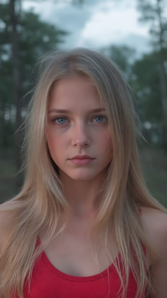 closeup photo of a beautiful girl with long silky blonde soft hair, wearing a red short tank top, in an summer wood, dark clouds hang overhead and it is dusk, gorgeous, stunning, detailed