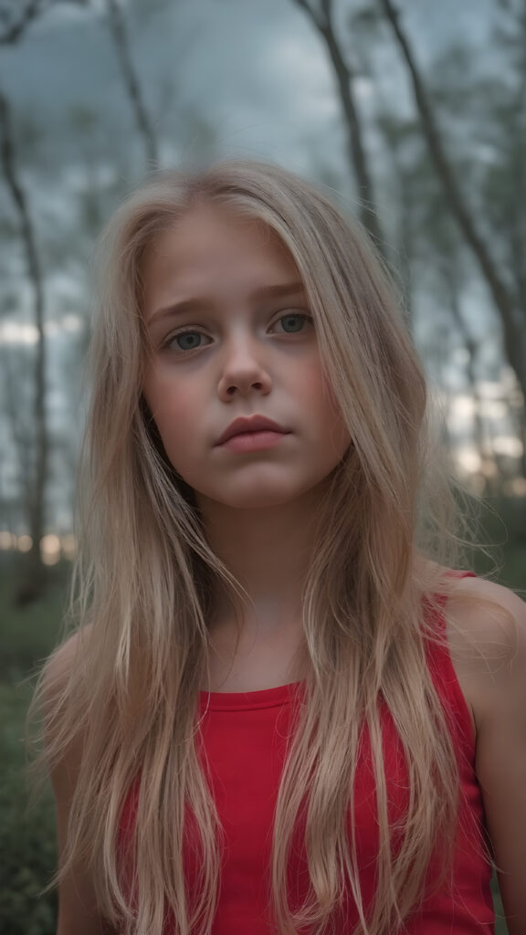 closeup photo of a beautiful girl with long silky blonde soft hair, wearing a red short tank top, in an summer wood, dark clouds hang overhead and it is dusk, gorgeous, stunning, detailed