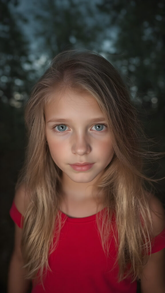 closeup photo of a beautiful girl with long silky blonde soft hair, wearing a red short tank top, in an summer wood, dark clouds hang overhead and it is dusk, gorgeous, stunning, detailed